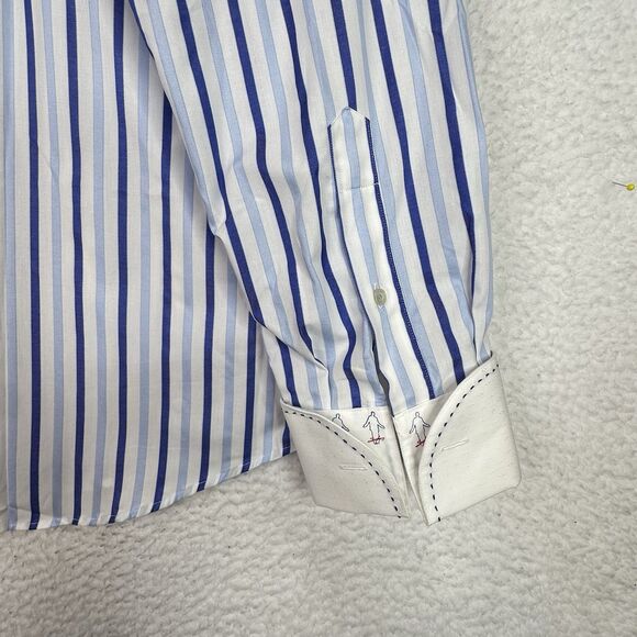 Steve Harvey Blue Stripe Men’s Dress Shirt 17.5 37 French Cuff Cotton NWT - Picture 11 of 14